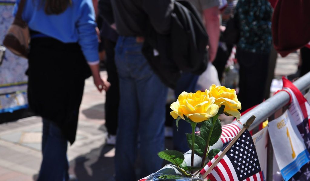 Makeshift Memorial for Marathon bombing victims at Copley Square, Boston, Massachusetts on April 30, 2013 Hundreds of people lay flowers, display messages of hope for 4 victims