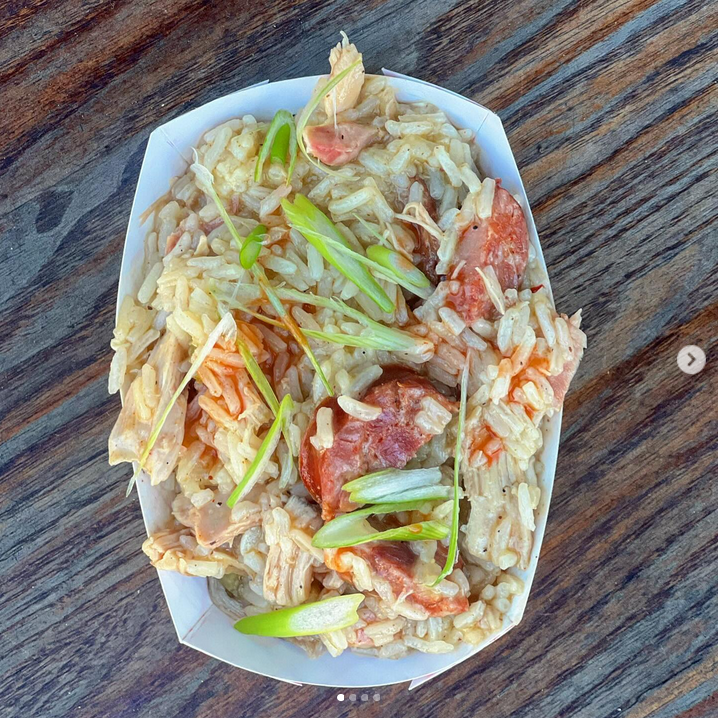 Chicken bog is a pilaf dish made of rice and chicken. It can include onion, spices, and sausage.