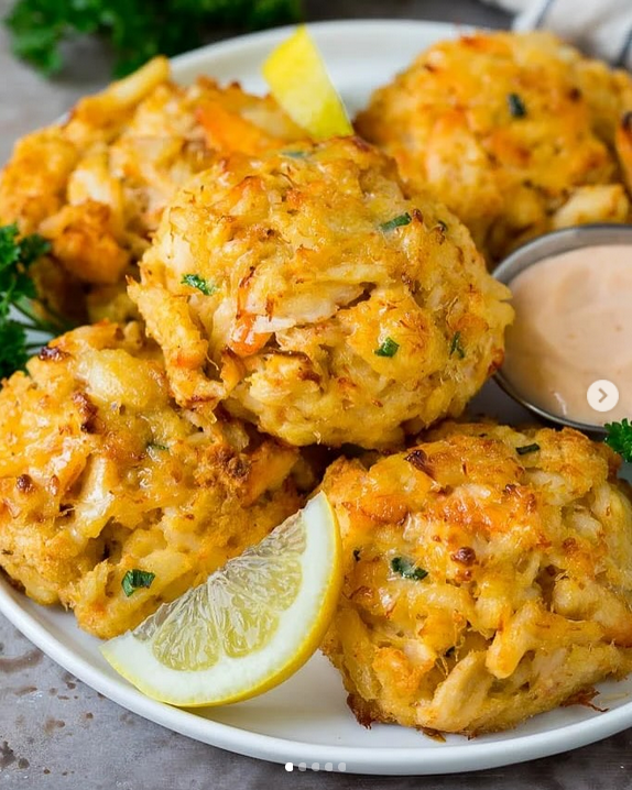 Maryland crab cakes are fresh crab combined with seasonings and cracker crumbs.
