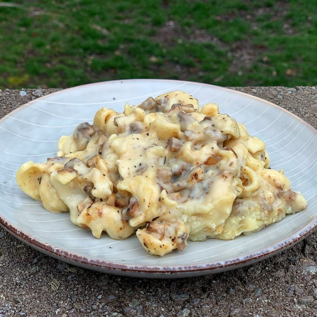 Mac and Cheese + sautéed mushrooms + 1 teaspoon truffle oil + shredded Gouda