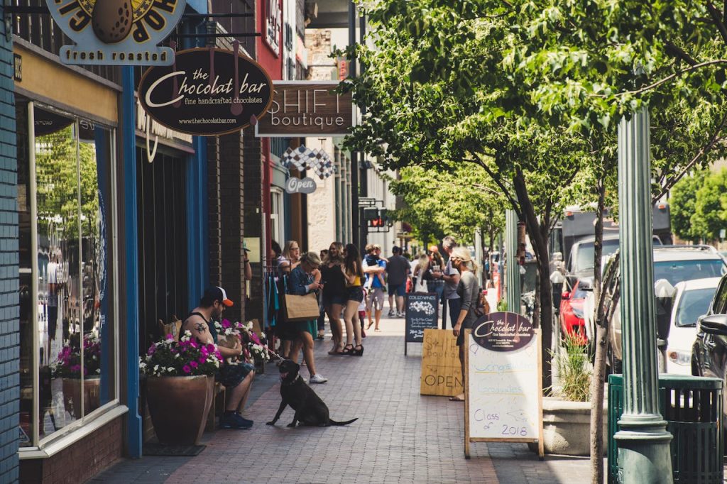 A small-town main street with independent storefronts