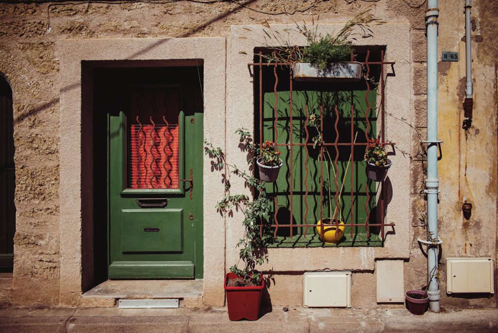 Potted plants near entrance of old stone house on street
