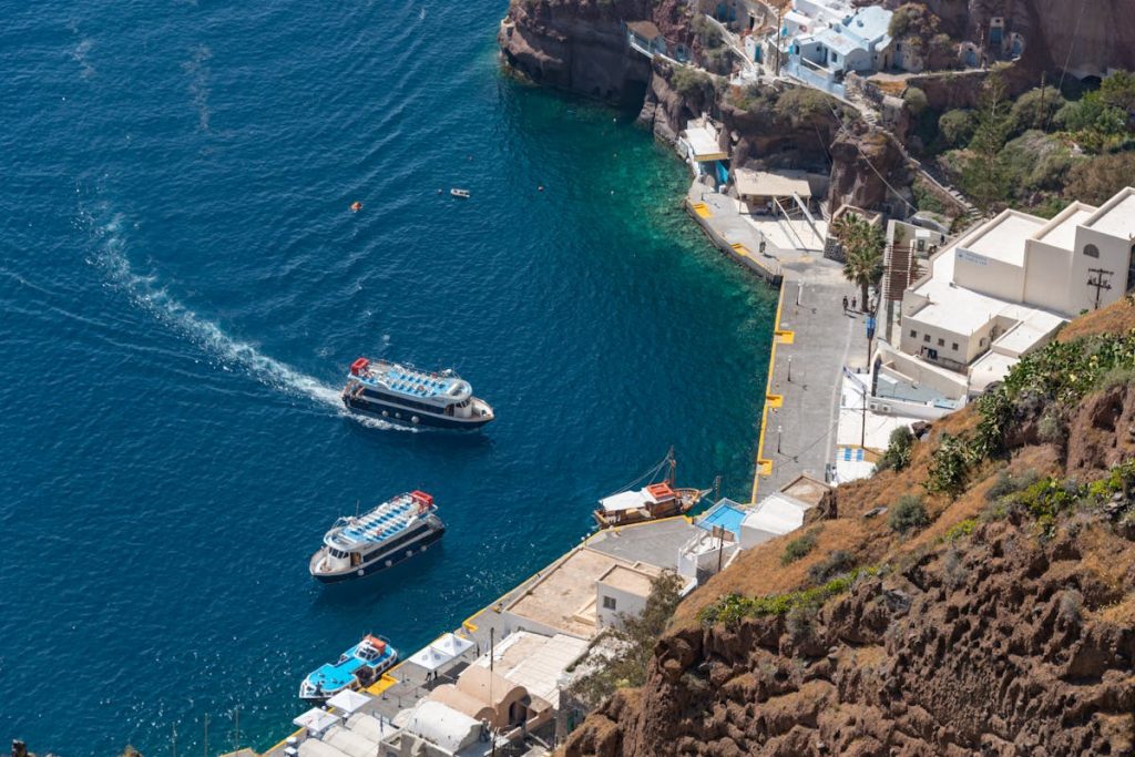 Aerial View of the Old Harbor of Fira, Santorini, Greece