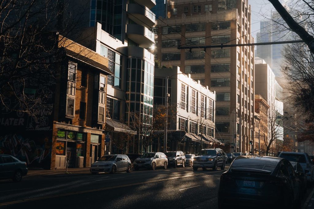 Bright Morning on a Bustling Seattle Street