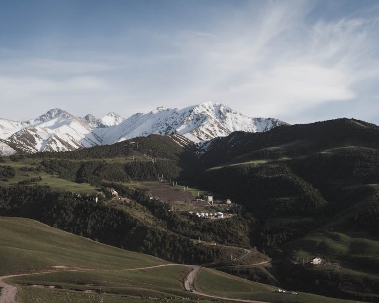 Snow-Capped Mountains with Yurats in Kyrgyzstan