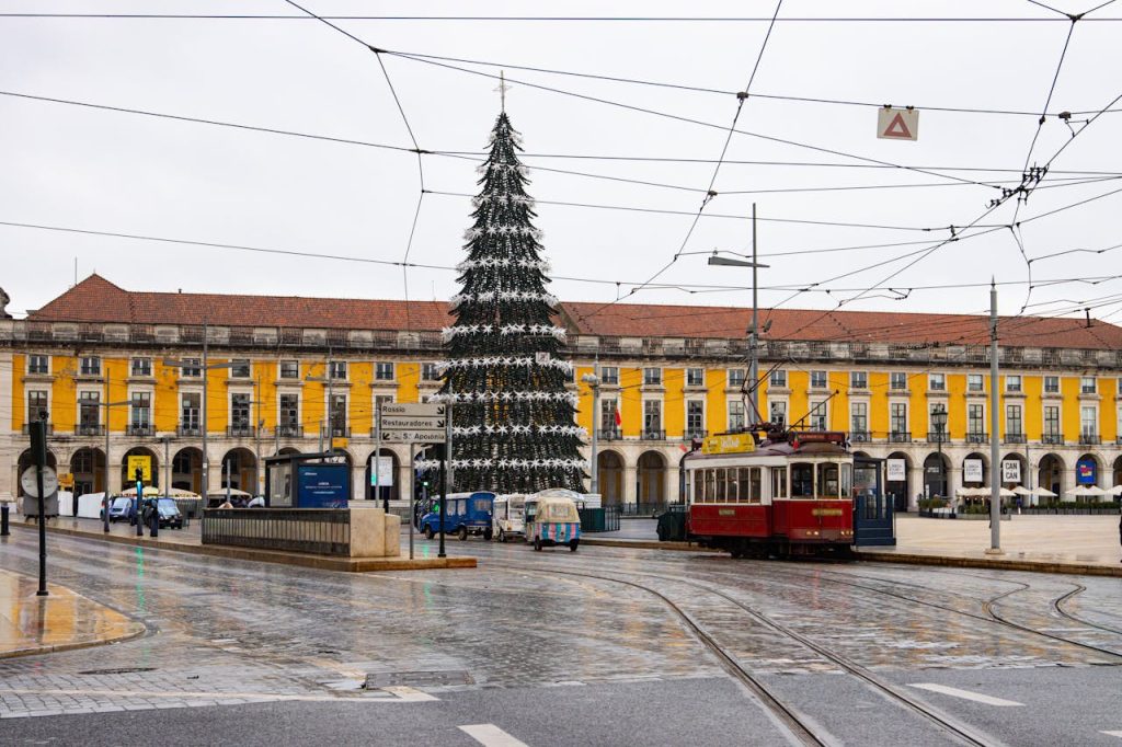 Historic Lisbon Square with Christmas Tram