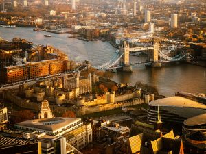 Captivating Aerial View of London's Iconic Landmarks at Sunset