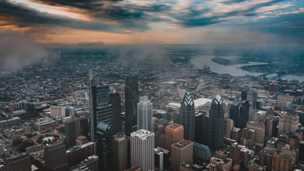 Cityscape of financial district in modern megapolis, Philadelphia, PA, United States