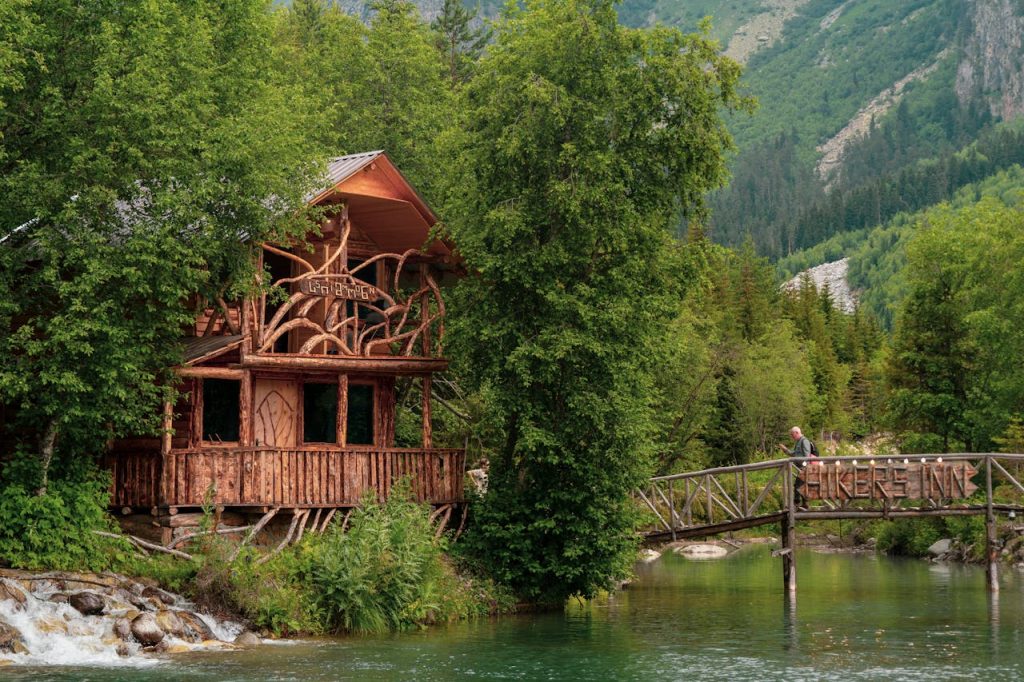 Rustic Cabin and Wooden Bridge in Mestia, Samegrelo-Zemo Svaneti, Gürcistan