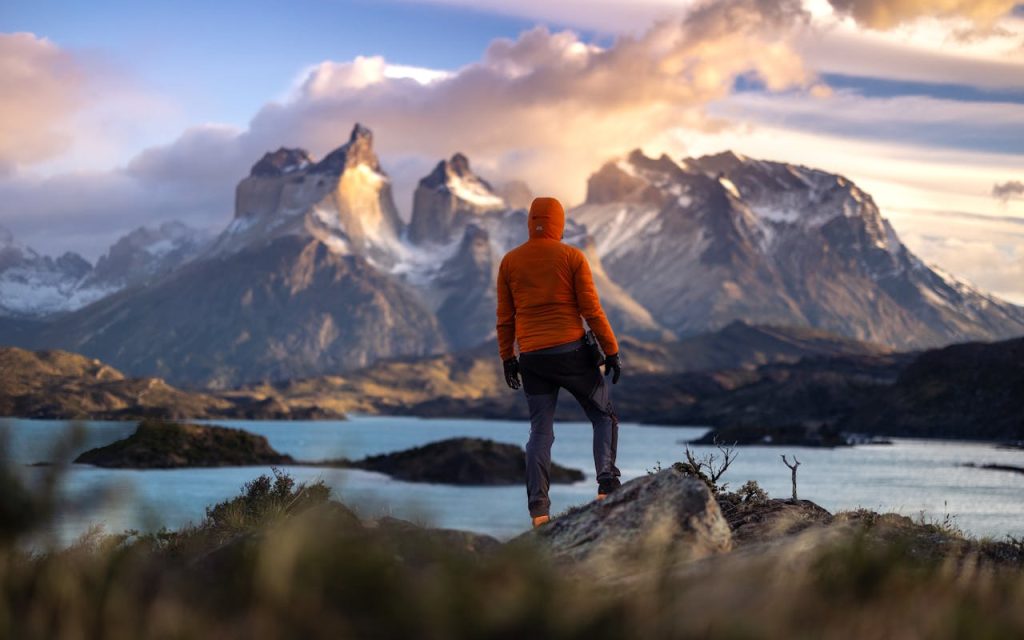 Hiker at Sunrise in Torres del Paine, Chile