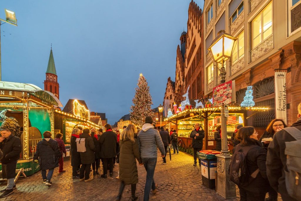 Crowded Christmas Market in European City