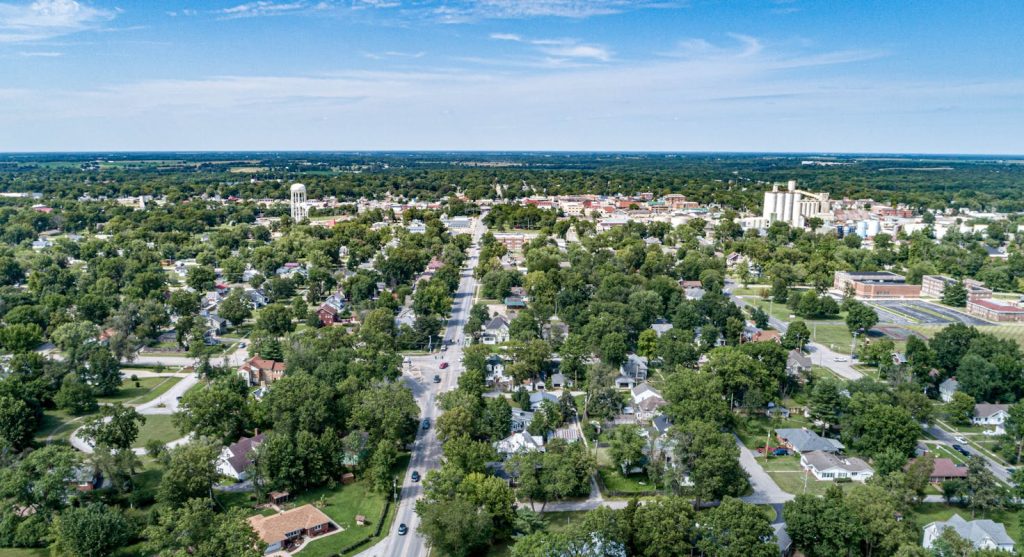 Aerial View of City Buildings and Suburbs