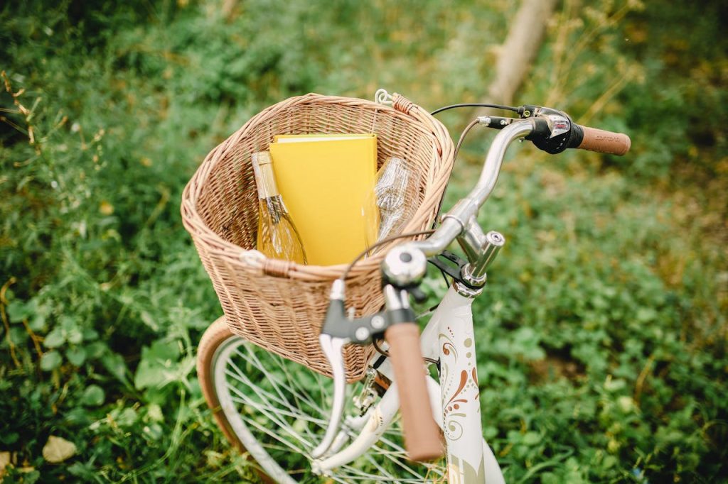 A Book and a Wine Bottle in a Bike's Wicker Basket
