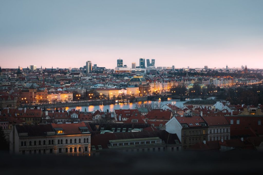 Prague cityscape from the top of a hill
