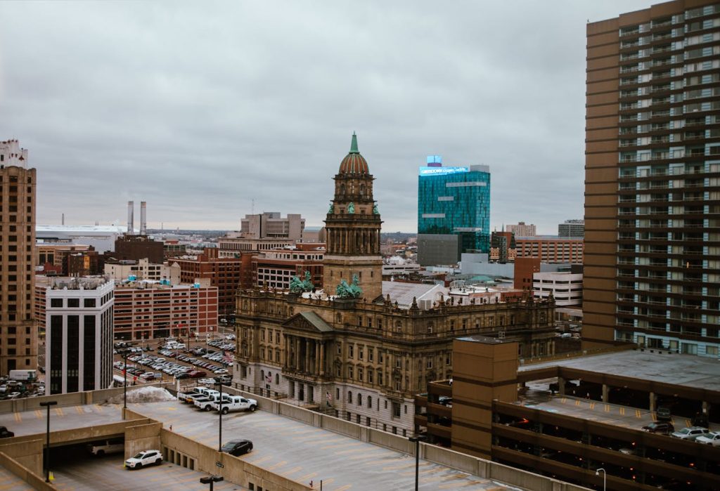 City Buildings under Cloudy Sky, Detroit, MI, United States