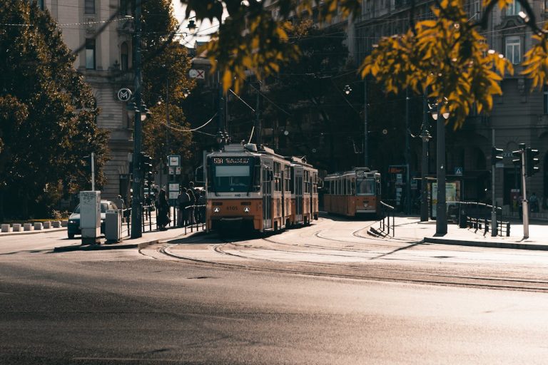 View of Trams on the Street in a City in Sunlight