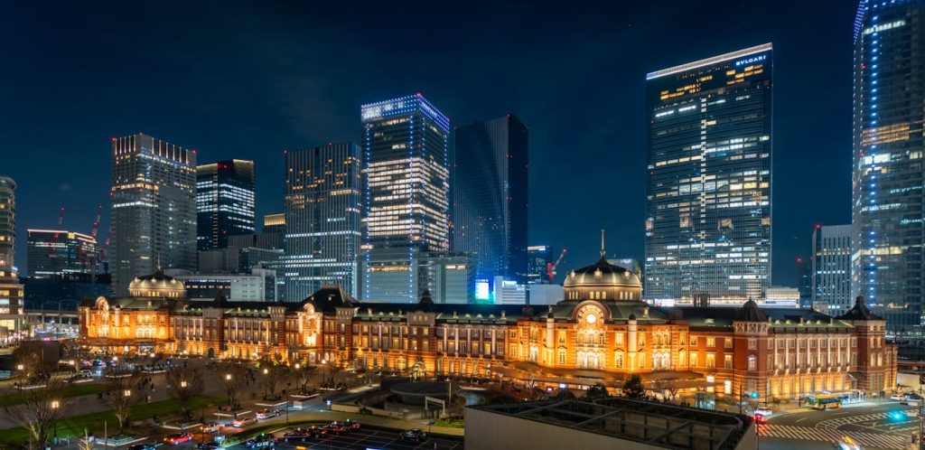 Tokyo Station at Night with Illuminated Skyline
