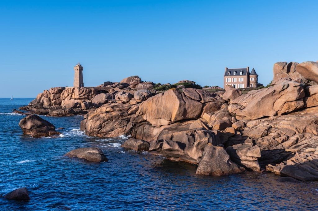 Mean Ruz Lighthouse on the Pink Granite Coast in Brittany, France