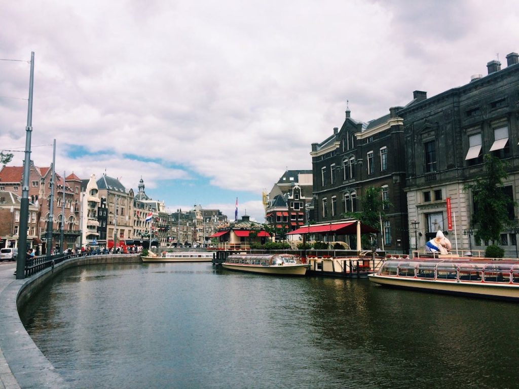 Tour Boats on River in Amsterdam, NH, Netherlands